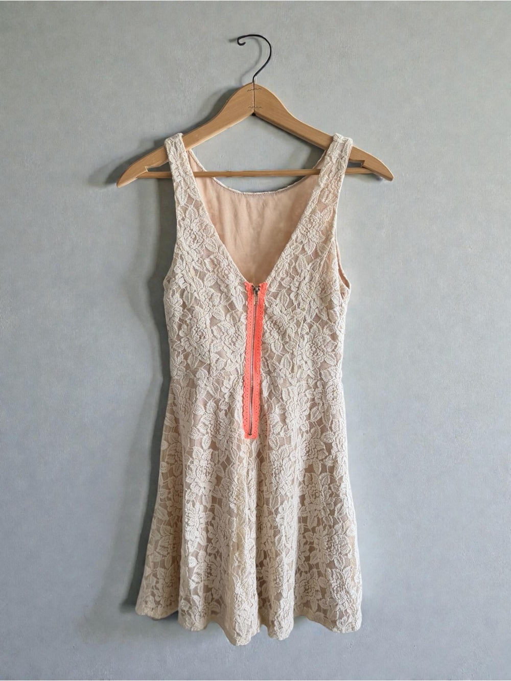 Speechless Cream Lace Dress with Coral Zip‎ Accent